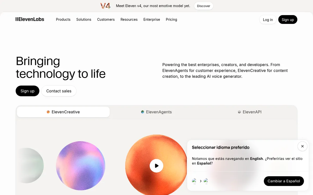 Captura de la web oficial de ElevenLabs