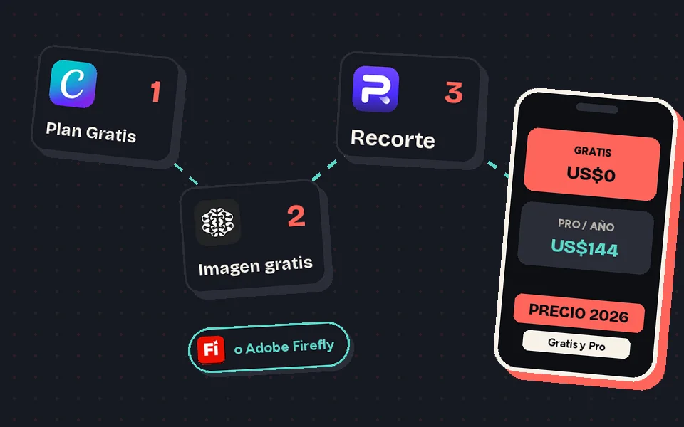 Flujo de logos: Canva Gratis y alternativas gratis para imágenes y portadas como Ideogram, Photoroom y Adobe Firefly