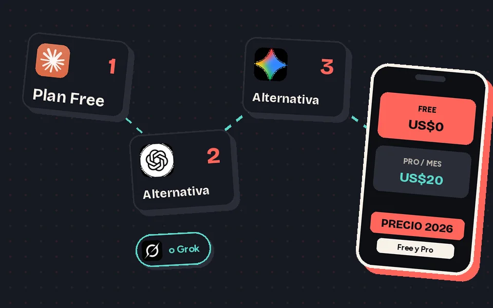 Flujo de logos: Claude en su plan Free y, como alternativas gratis, ChatGPT, Gemini y Grok