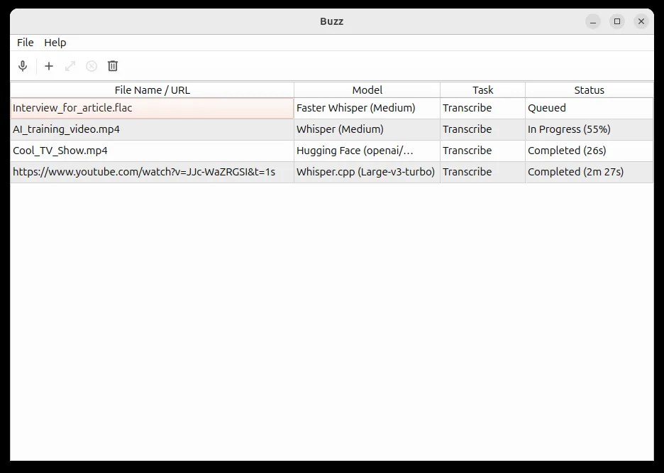 Pantalla principal de Buzz con la lista de transcripciones (captura oficial del README)