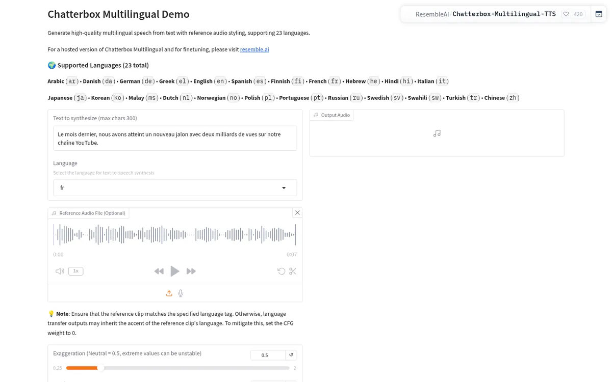 Demo oficial de Chatterbox Multilingual en Hugging Face: texto, idioma y audio de referencia opcional