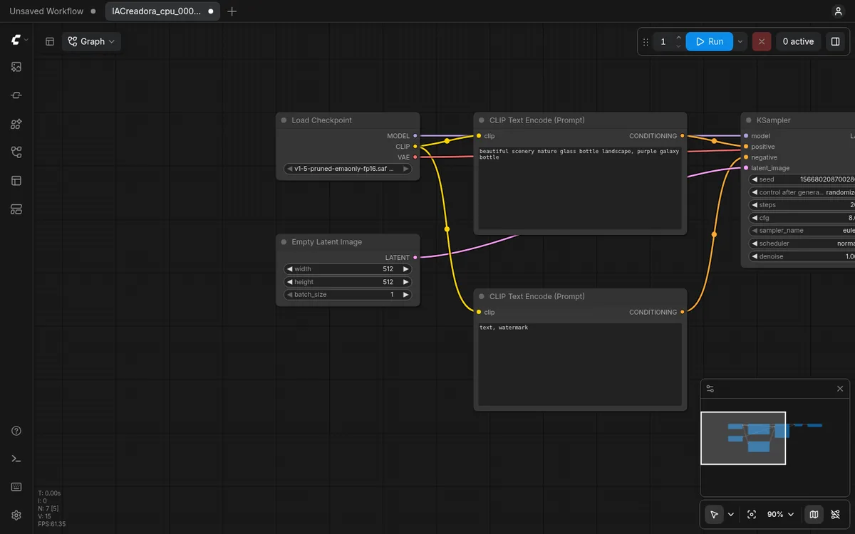 ComfyUI 0.42.1 abierto en nuestro equipo con un flujo de Stable Diffusion 1.5: cargar modelo, prompts, KSampler