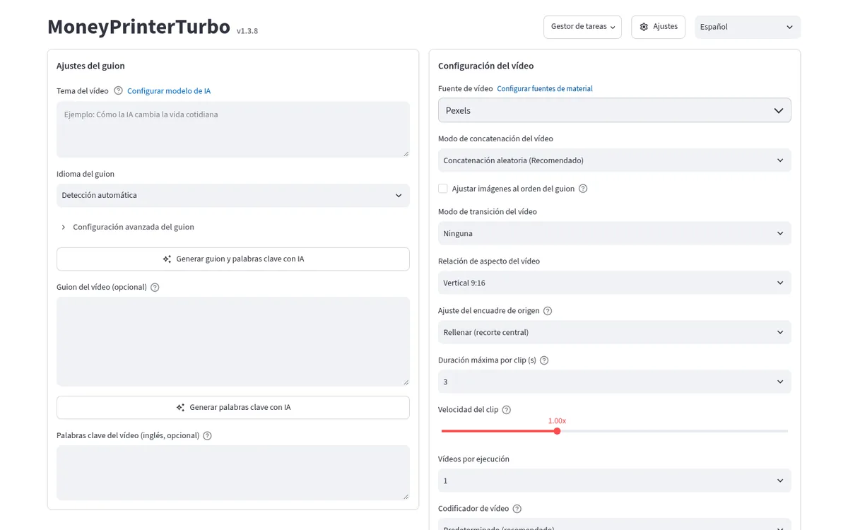 Interfaz web de MoneyPrinterTurbo 1.3.8 abierta en nuestro equipo: tema del video, guion, fuente de clips y formato 9:16