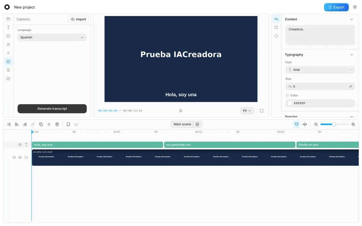 Editor de OpenCut en opencut.app con nuestro clip en la línea de tiempo y la pista de subtítulos