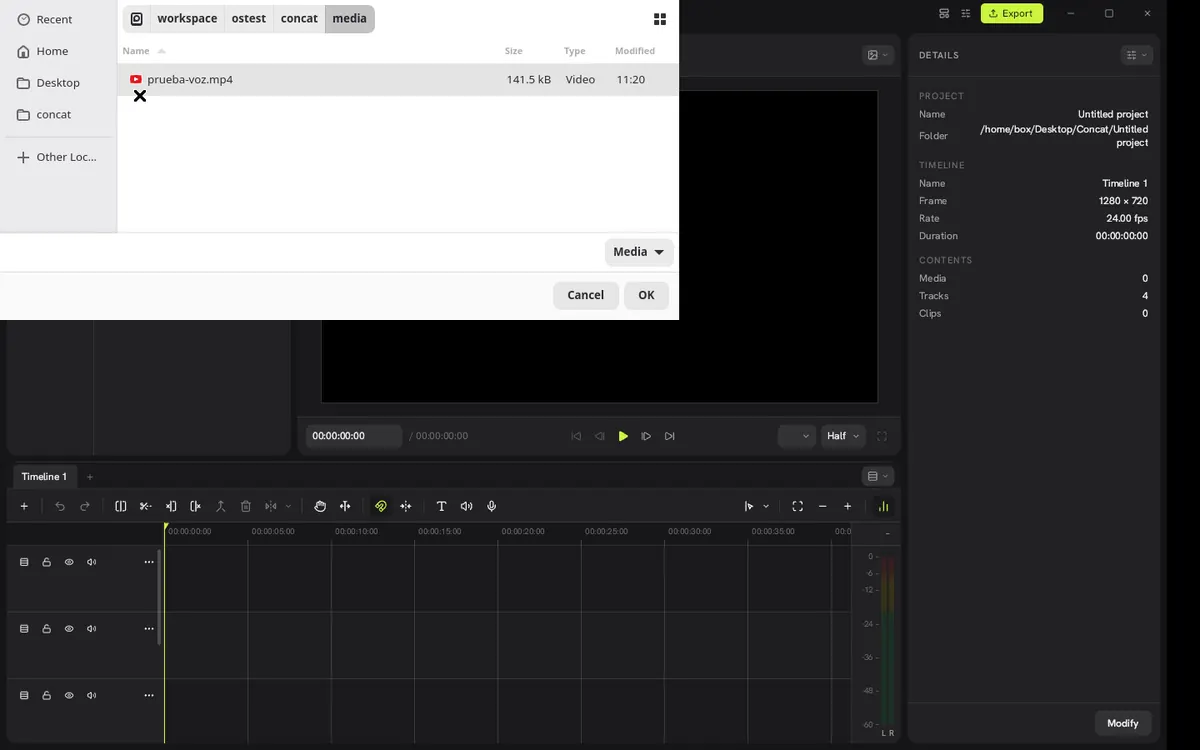 Captura 6 de nuestra prueba de Concat: Importar medios (en Linux usa el diálogo de archivos del sistema; tuvimos que instalar zenity).