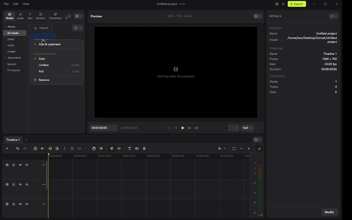 Captura 7 de nuestra prueba de Concat: Clic derecho en el clip → «Add at playhead» para ponerlo en la línea de tiempo.