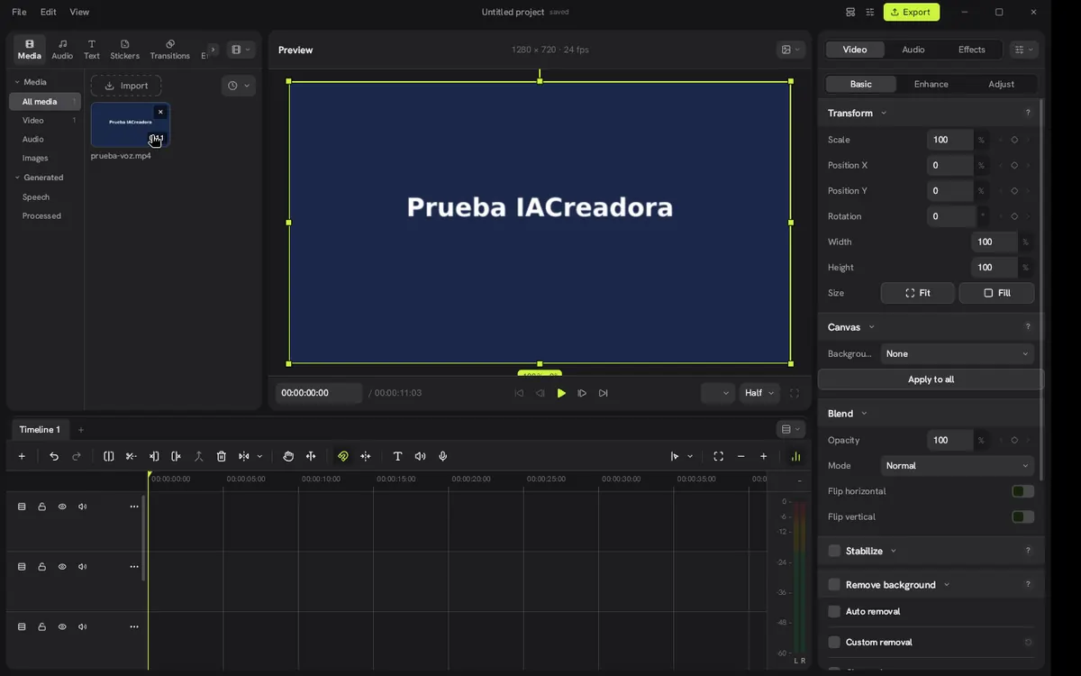 Captura 8 de nuestra prueba de Concat: El clip en la vista previa y la línea de tiempo.