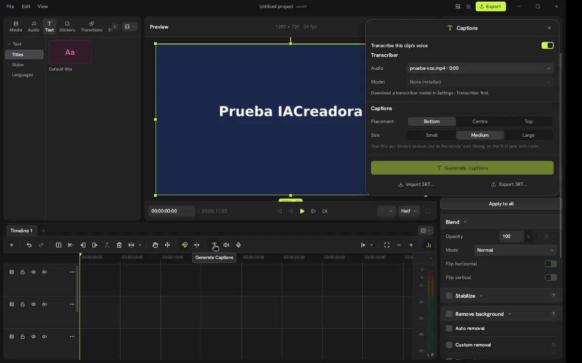Captura 9 de nuestra prueba de Concat: El panel de subtítulos pide descargar antes un modelo de transcripción.
