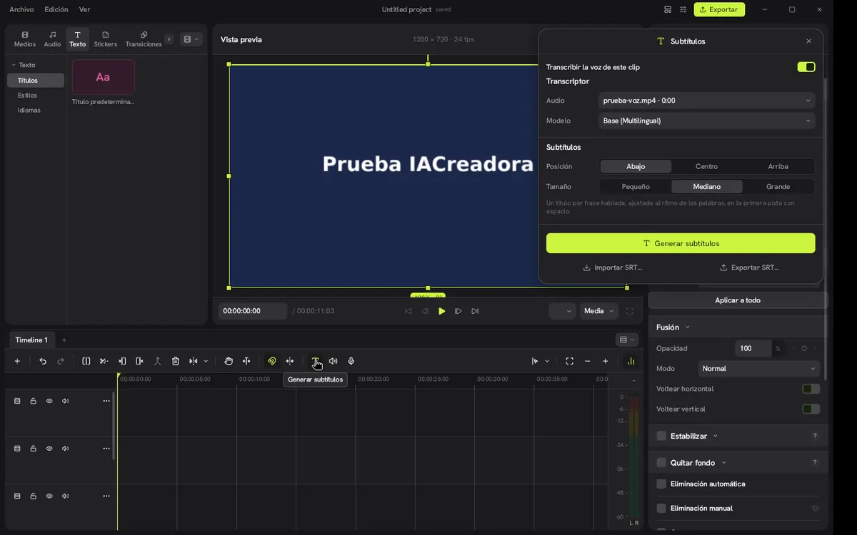 Captura 13 de nuestra prueba de Concat: Panel Subtítulos: generamos los subtítulos del clip.