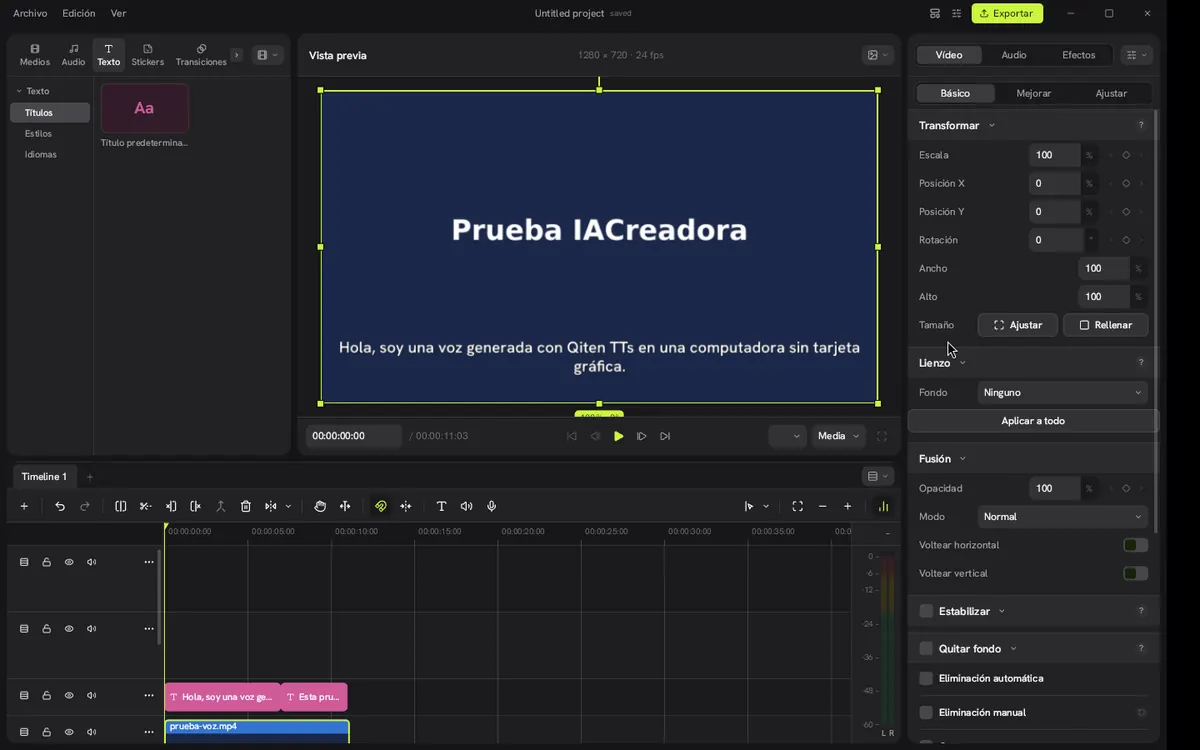 Captura 14 de nuestra prueba de Concat: Whisper base tardó 2,3 s (según el registro de la app, sin GPU). Los subtítulos quedan en la vista previa y en la línea de tiempo.