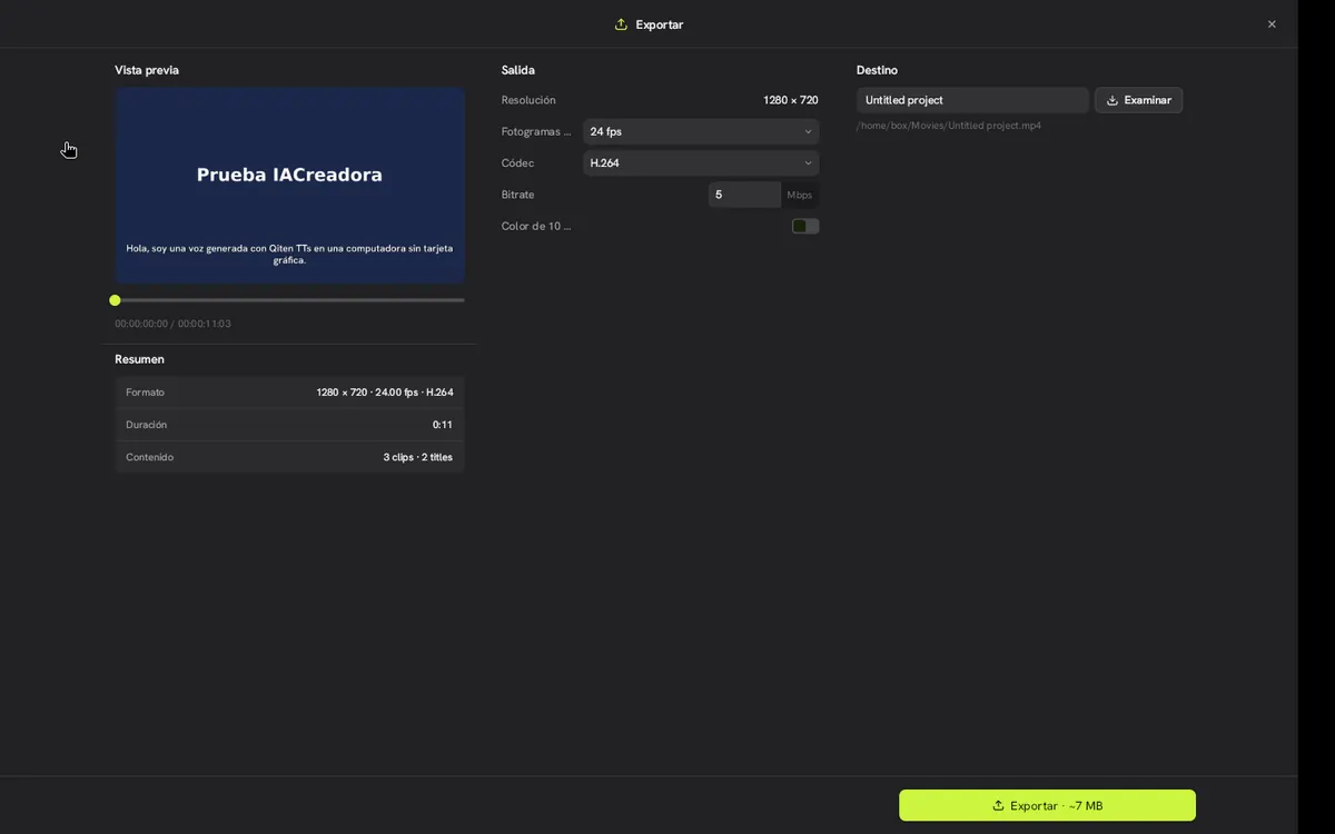 Captura 16 de nuestra prueba de Concat: Archivo › Exportar: 1280×720, 24 fps, H.264. (El botón «Exportar» y Ctrl+E no abrieron este diálogo en nuestra prueba.)