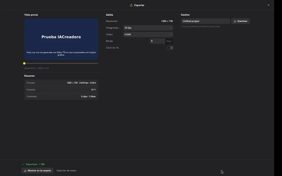 Captura 17 de nuestra prueba de Concat: Exportado: el registro marca 7,3 s de render, dibujando con la CPU (llvmpipe).