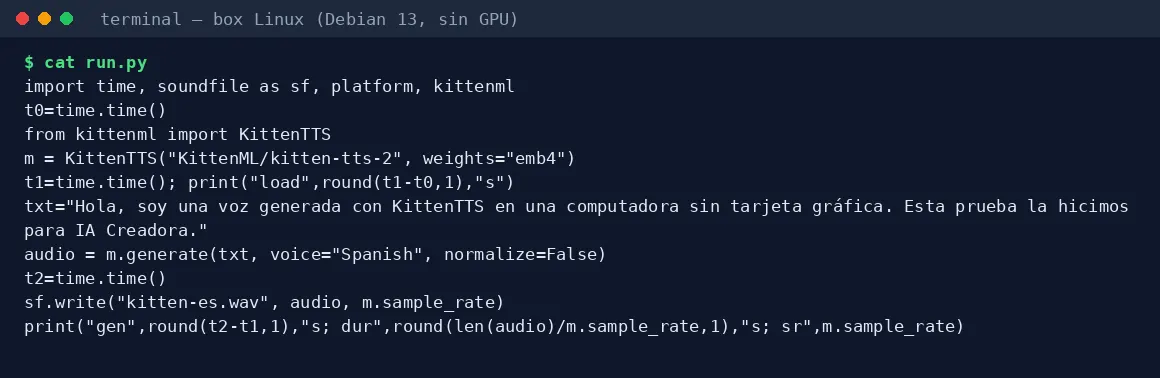 Captura 2 de nuestra prueba de KittenTTS: El script de prueba: voz «Spanish» y normalize=False, como pide la documentación para texto que no es inglés.