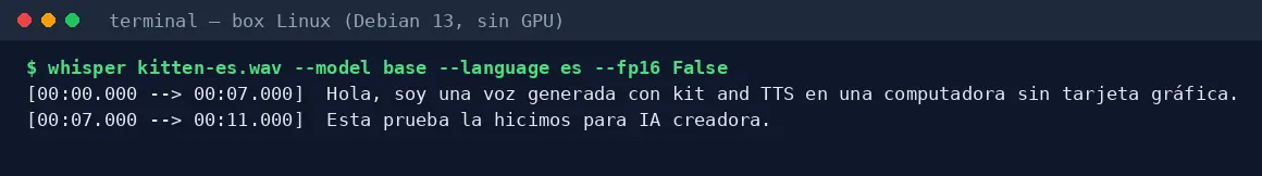 Captura 4 de nuestra prueba de KittenTTS: Pasamos el audio por Whisper para comprobar que se entiende.