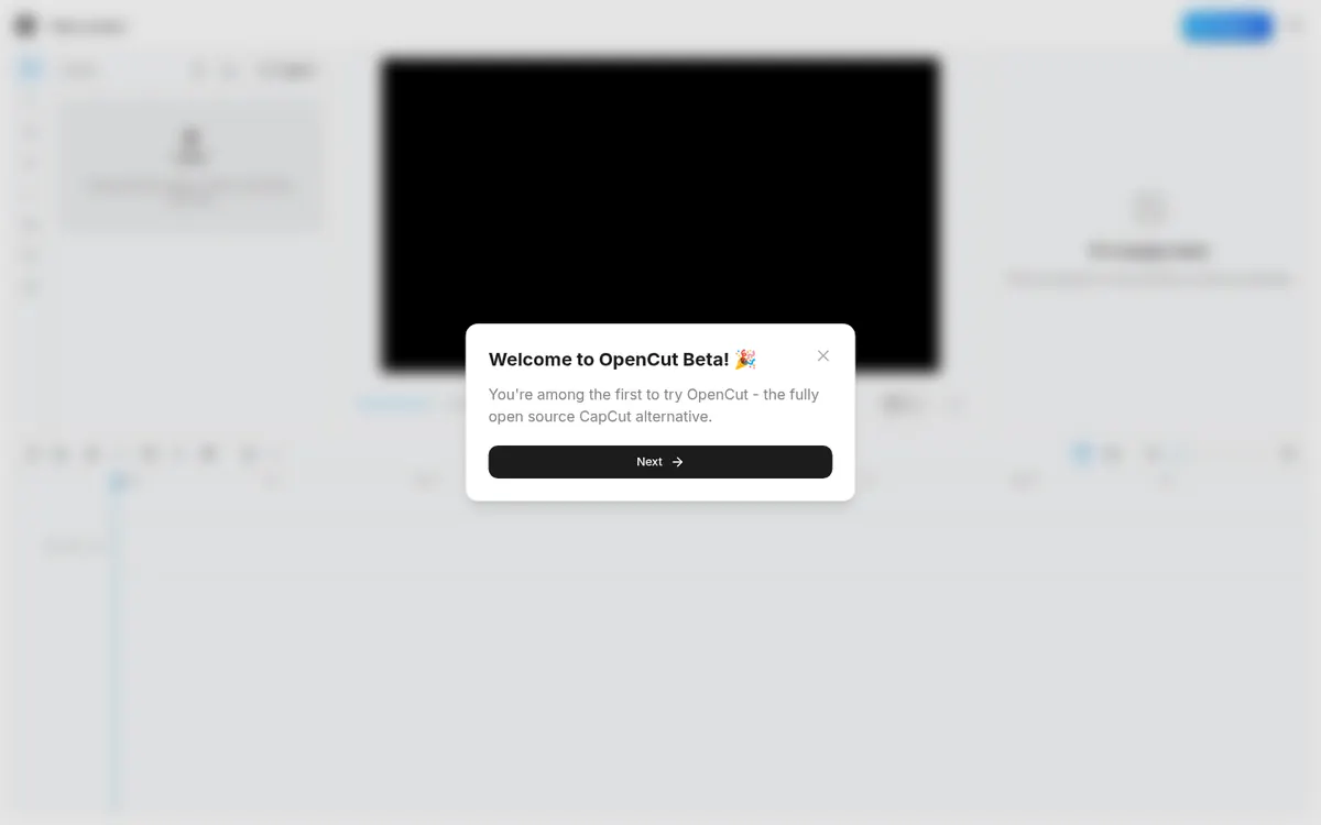 Captura 3 de nuestra prueba de OpenCut: Al crear el primer proyecto aparece la bienvenida de la beta.
