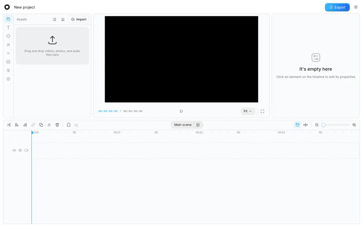 Captura 4 de nuestra prueba de OpenCut: El editor vacío: medios a la izquierda, vista previa al centro y línea de tiempo abajo.
