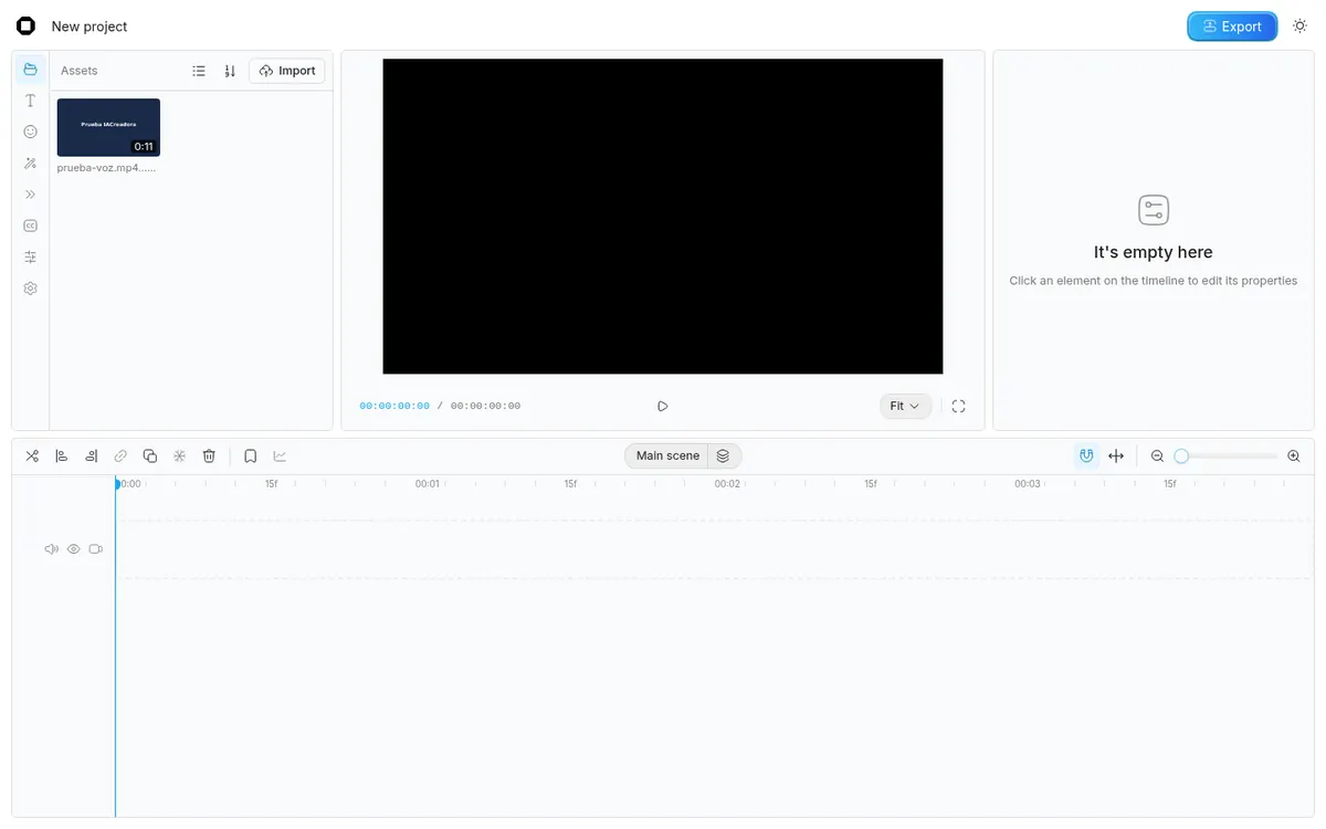 Captura 5 de nuestra prueba de OpenCut: Importamos nuestro clip de prueba de 11 s (1280×720) con «Import».