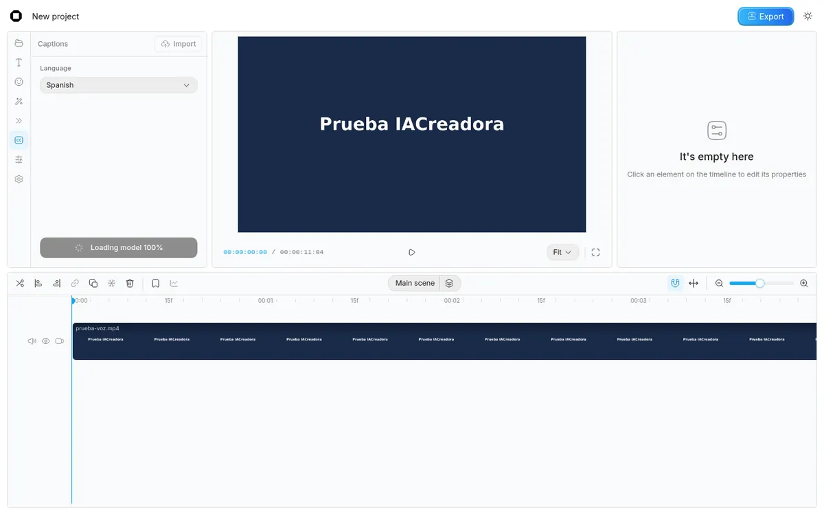 Captura 8 de nuestra prueba de OpenCut: Panel «Captions»: elegimos Spanish y pulsamos «Generate transcript». Primero descarga el modelo en el navegador.