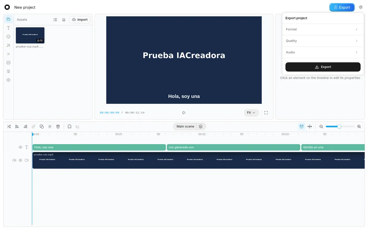 Captura 10 de nuestra prueba de OpenCut: Botón «Export»: formato, calidad, audio y «Export».