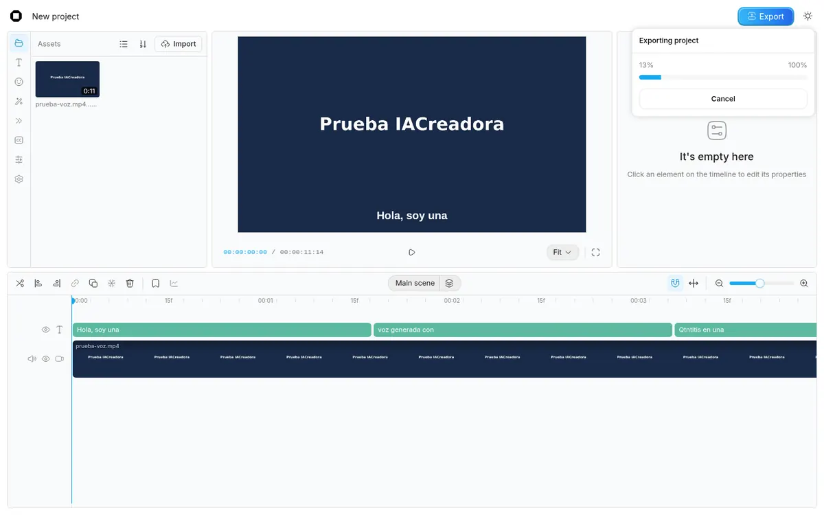 Captura 11 de nuestra prueba de OpenCut: Exportando en el navegador (barra de progreso).